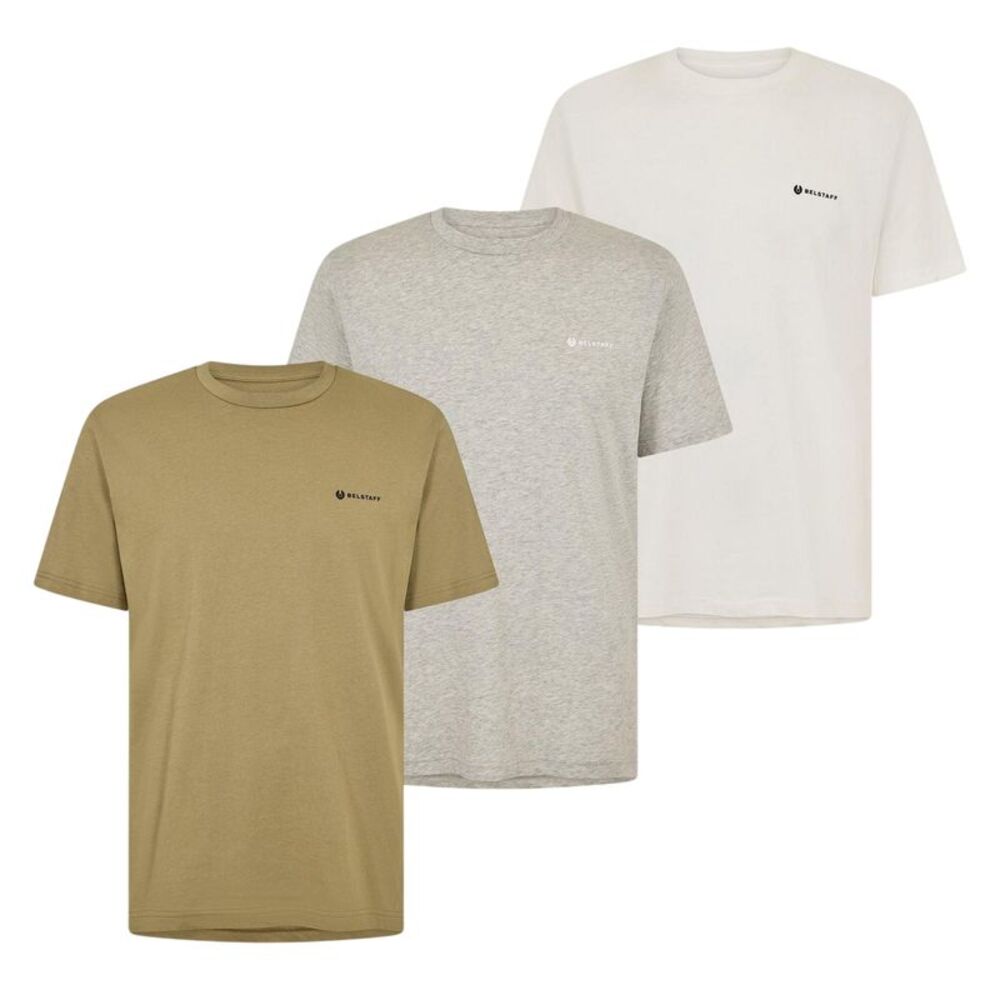 Belstaff Mens Logo Cotton T-Shirt (Pack of 3) / White/Green/Silver